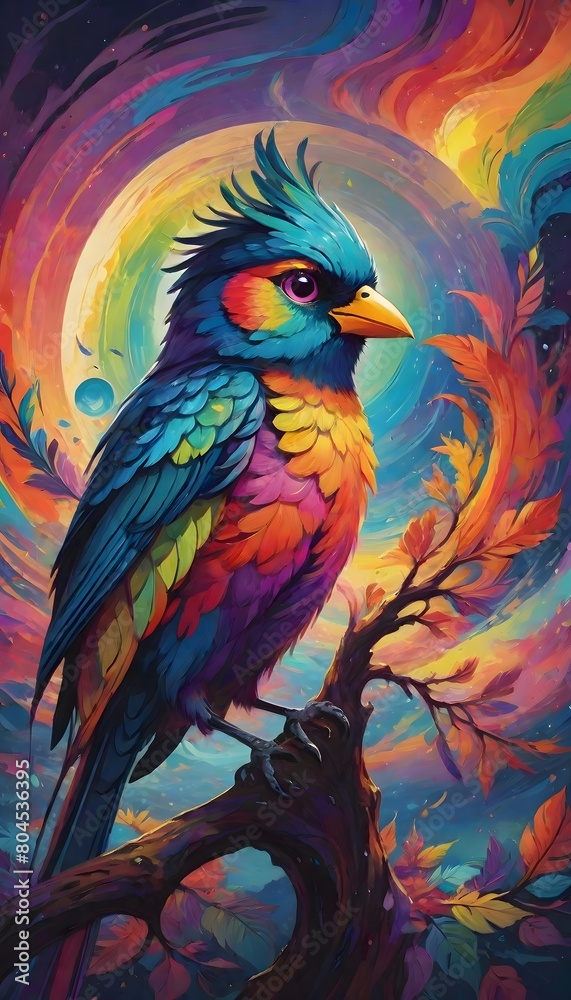 Obraz premium Multicolored bird perched on a branch, set against a magical backdrop of swirling colors and light, Generative AI.