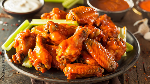 A platter of crispy chicken wings tossed in spicy buffalo sauce, served with celery sticks and blue cheese dressing on the side for dipping.