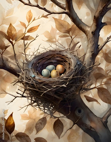 Bird nest, with speckled eggs in various shades of blue and beige, indicating diversity in bird species and incubation, on the tree with brown bark and an array of golden brown leaves, Generative AI. photo