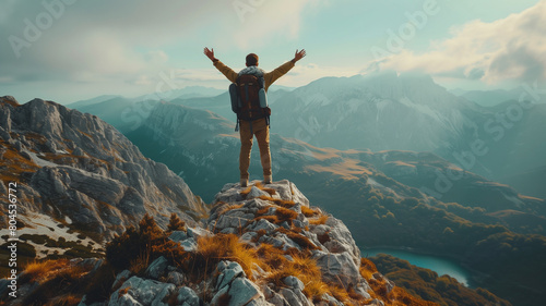 Traveler standing on top of a mountain with hands raised up   mission success and goal achieved  active tourism and mountain travel 