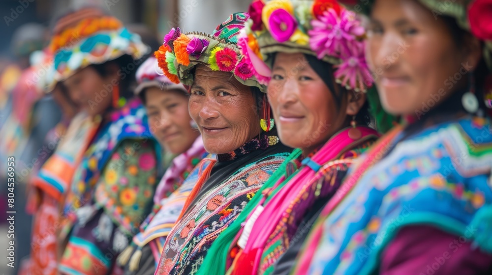 Fototapeta premium A group of women standing together, each wearing a different brightly colored hat on their heads.