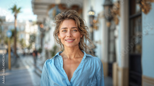 Radiant young woman in a light blue blouse outdoors Free Download Radiant young woman in a light blue blouse outdoors - GFXLoad