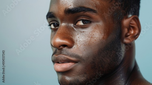 A man with flawless skin proudly displaying his unconventional birthmarks as a part of a beauty campaign aimed at promoting selflove and acceptance. photo