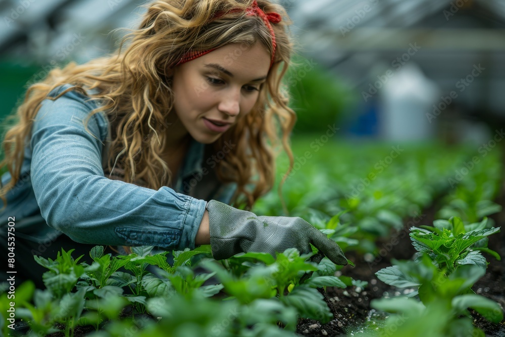 A young woman carefully inspects young green plants in a greenhouse with focus A young woman carefully inspects young green plants in a greenhouse with focus