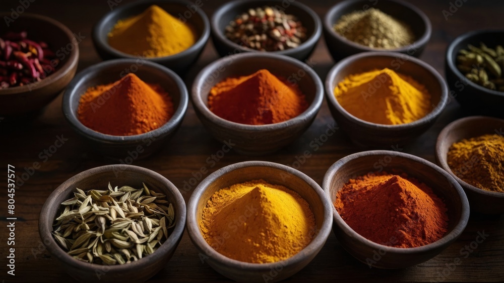 Array of Vibrant Spices in Small Bowls | Colorful Spice Collection in Containers