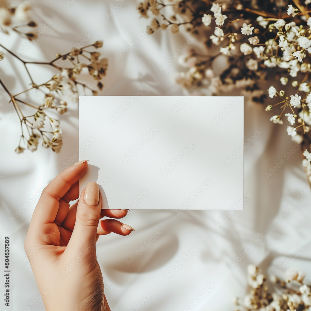 A hand holding a blank note card with a floral background. A hand holding a blank note card with a floral background.