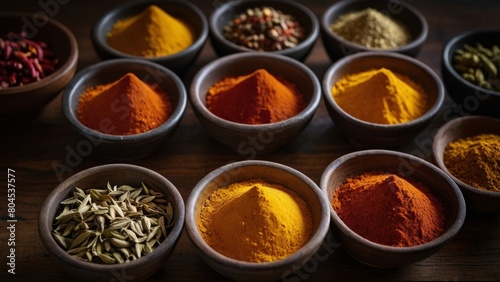 Array of Vibrant Spices in Small Bowls   Colorful Spice Collection in Containers