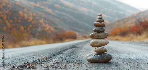 Balanced stones on the road, copy space ai generated high quality image