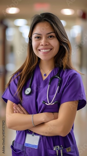 nurse in scrubs standing with her arms crossed and smiling at the camera