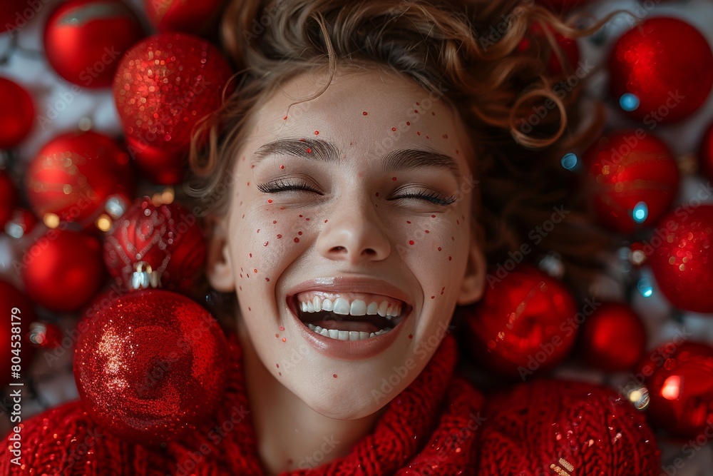 Capturing the essence of joy, a laughing woman is playfully sprinkled with red bauble decorations, embodying holiday cheer Capturing the essence of joy, a laughing woman is playfully sprinkled with red bauble decorations, embodying holiday cheer