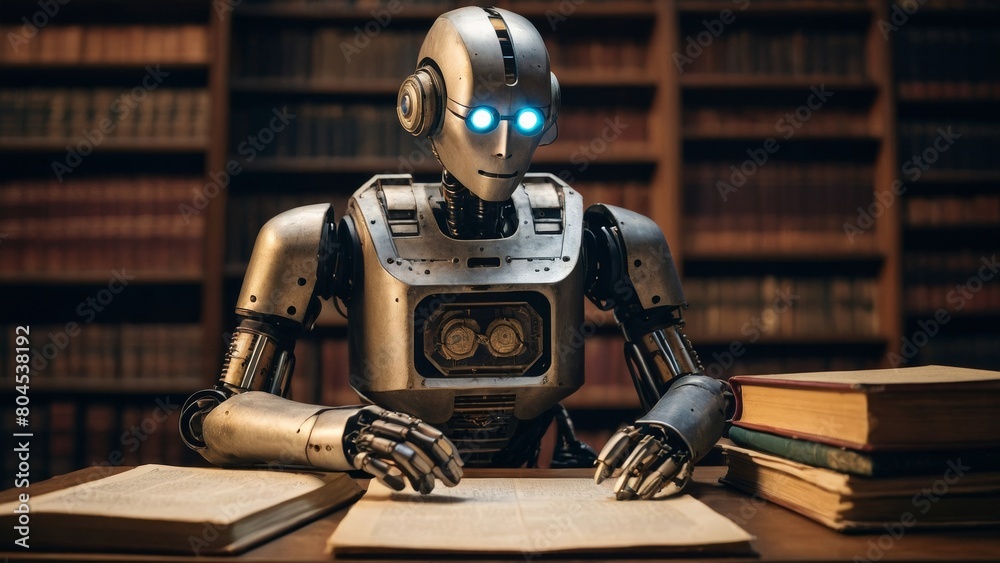 Fototapeta premium robot librarian archiving ancient manuscripts inlibrary - technology and knowledge concept