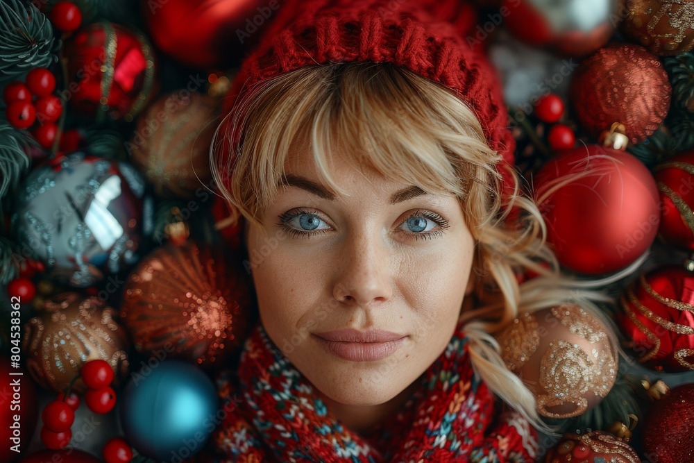 Close-up image of a woman with blue eyes surrounded by red and blue festivities Close-up image of a woman with blue eyes surrounded by red and blue festivities