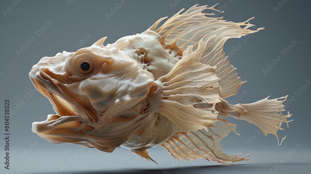 Obraz premium Artistic sculpture of a fantastical fish, featuring flowing fins and a detailed, cream-colored body, set against a gray background.