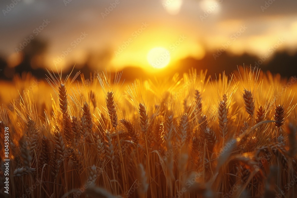 The image showcases a golden wheat field under a breathtaking sunset, providing a sense of warmth and tranquility