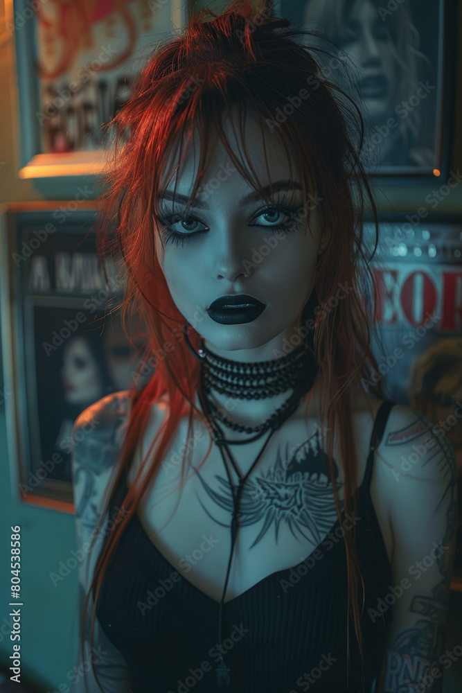 A woman with red hair and piercings in a black dress, AI A woman with red hair and piercings in a black dress, AI