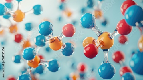 Colorful 3D illustration of a complex molecular structure, representing atoms connected by bonds in a vibrant, dynamic arrangement.