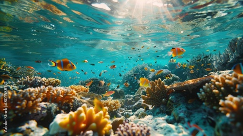 Capturing the Vibrant Underwater World: A Stunning DSLR Photo of Tropical Schools of Fish Swimming Half Submerged