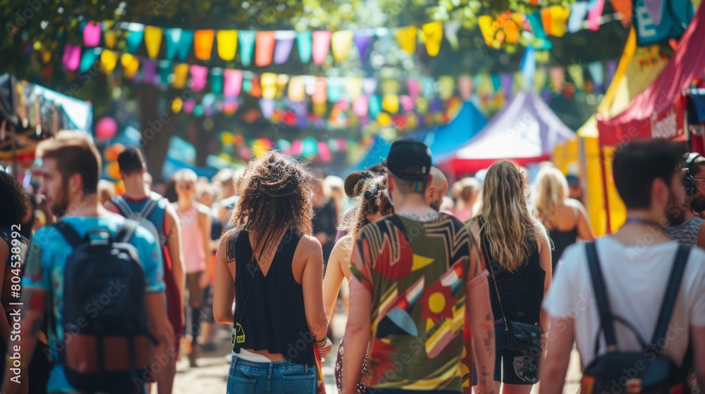 Crowd of diverse individuals walking through a bustling festival, enjoying the lively atmosphere and various attractions.