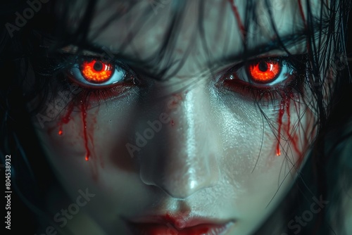 Striking portrait of a woman with glowing red eyes and blood around her face
