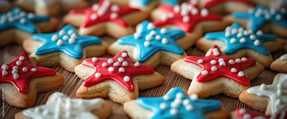 Star-shaped sugar cookies with red, white, and blue frosting , professional photography and light