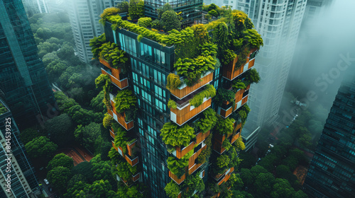 A tall building with plants growing on it in the city  AI