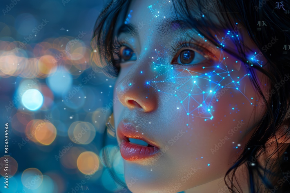 A technological illustration of a concentrated Asian woman surrounded by numerous light holographic effects, sparkling all around. A technological illustration of a concentrated Asian woman surrounded by numerous light holographic effects, sparkling all around.