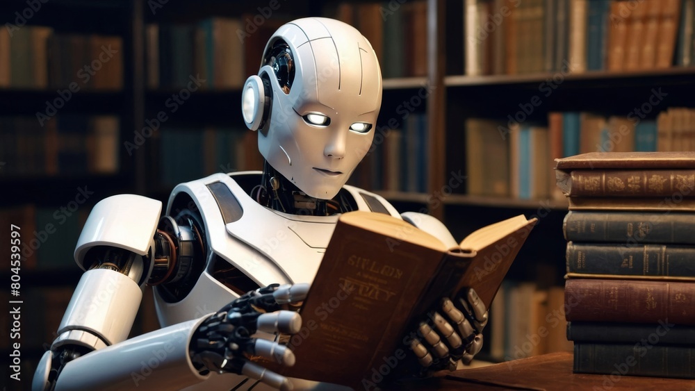 Humanoid Robot Engrossed in Reading Book, Realistic Sci-Fi Illustration. Humanoid Robot Engrossed in Reading Book, Realistic Sci-Fi Illustration.