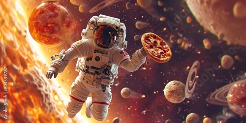 Astronaut with pizza on the background of the outer space.