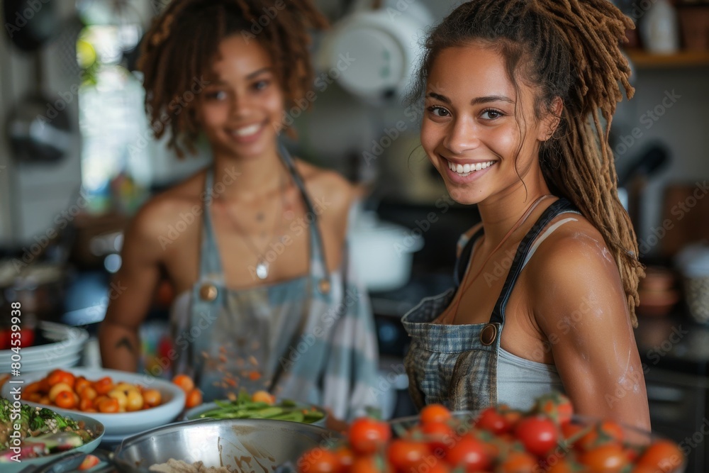 Two cheerful women are cooking together in a kitchen full of fresh vegetables and smiling at the camera