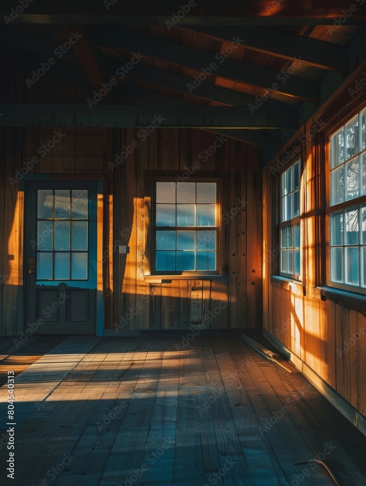 Cozy Cabin Interior with Sunlit Wooden Beams and Rustic Charm Cozy Cabin Interior with Sunlit Wooden Beams and Rustic Charm