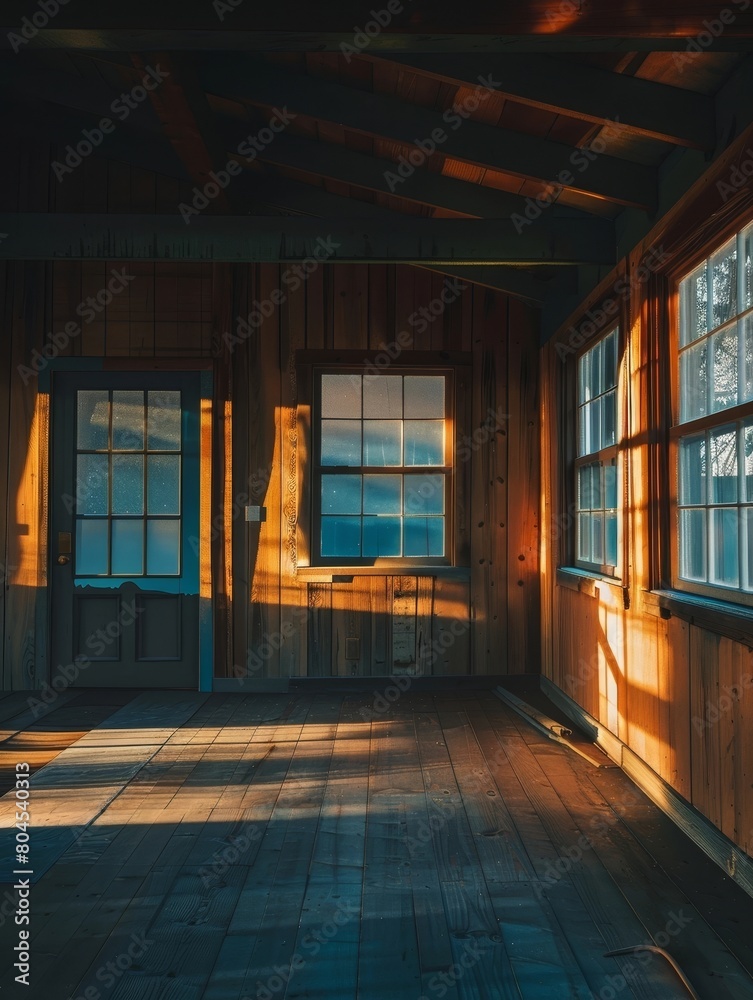 Cozy Cabin Interior with Sunlit Wooden Beams and Rustic Charm