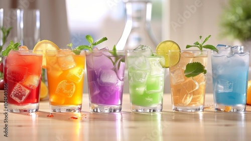 Mismatched glasses filled with colorful mocktails each with its own unique flavor.