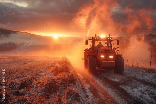 Striking sunset illuminating a tractor on a snowy road with steam clouds