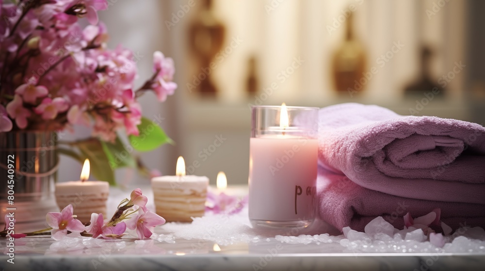 A spa scene with pink flowers, candles, and a towel on a wooden surface