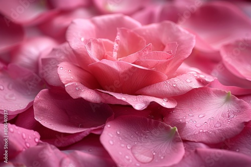 A beautifully detailed macro shot of a pink rose with delicate dew drops highlighting its intricate petals