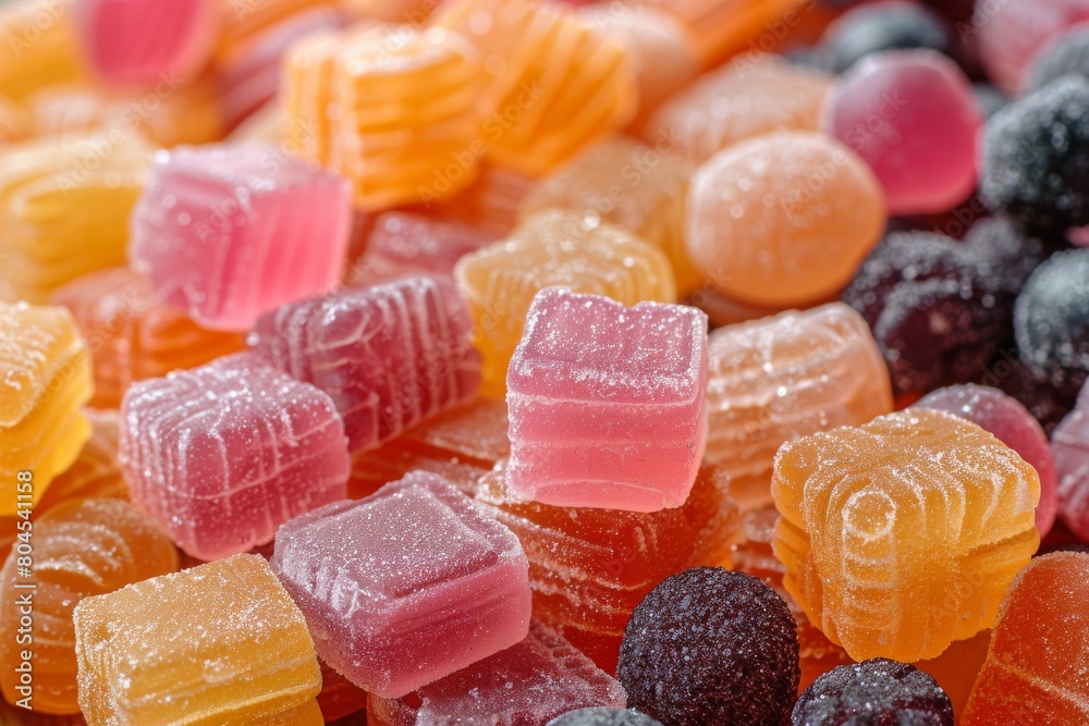An inviting close-up of sugar-coated gummy candies in various shapes and colors, highlighting their sugary texture An inviting close-up of sugar-coated gummy candies in various shapes and colors, highlighting their sugary texture