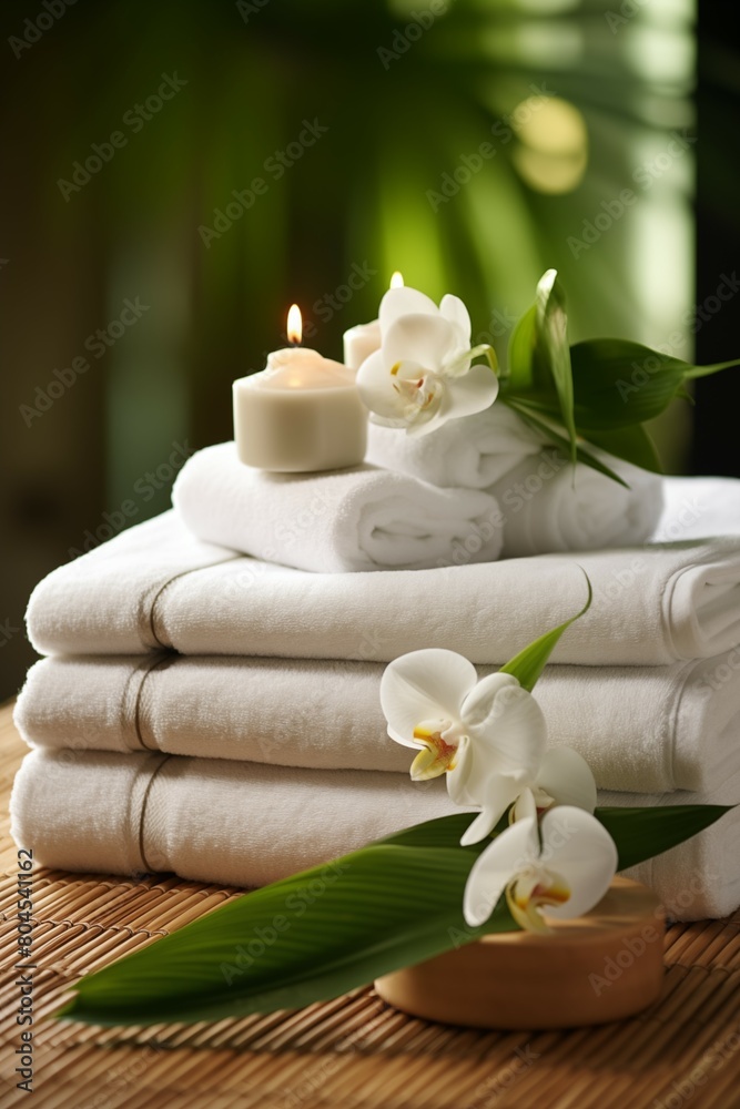 A stack of white towels with a white orchid flower and a candle on a wooden surface