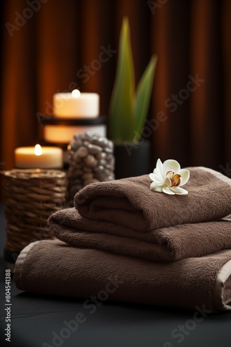 Brown towels with a white orchid flower  candles  and a potted plant 