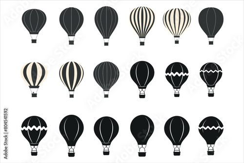 Air balloon silhouette icon set, flying air balloon silhouette, set of balloons silhouette