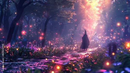 A witch is walking through a forest at night with glowing lights