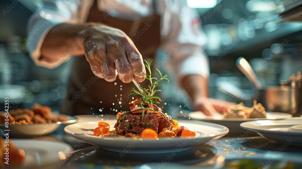 A chef sprinkling herbs on a plate of food