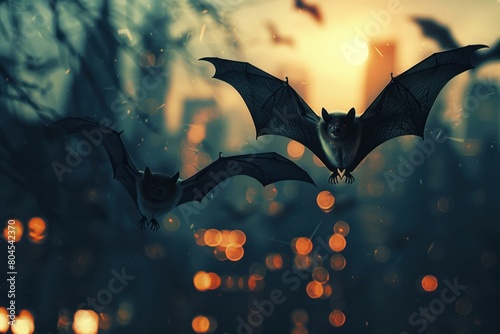 Two bats flying in the night sky above a city
