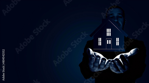 Image of businessman holding house icon in palm against dark background with vignette