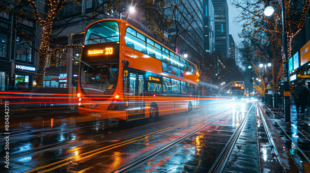 A double decker bus on a city street at night, AI A double decker bus on a city street at night, AI