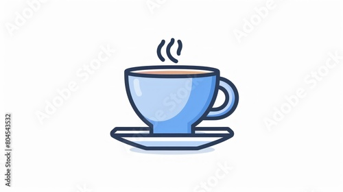 A blue coffee cup with steam rising from it sits on a white plate