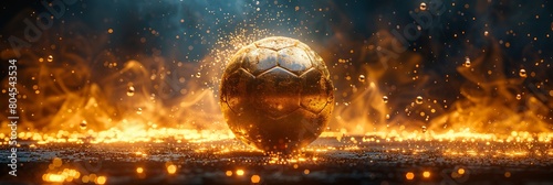A soccer ball made of gold, sitting on a stage with a spotlight on it © forall