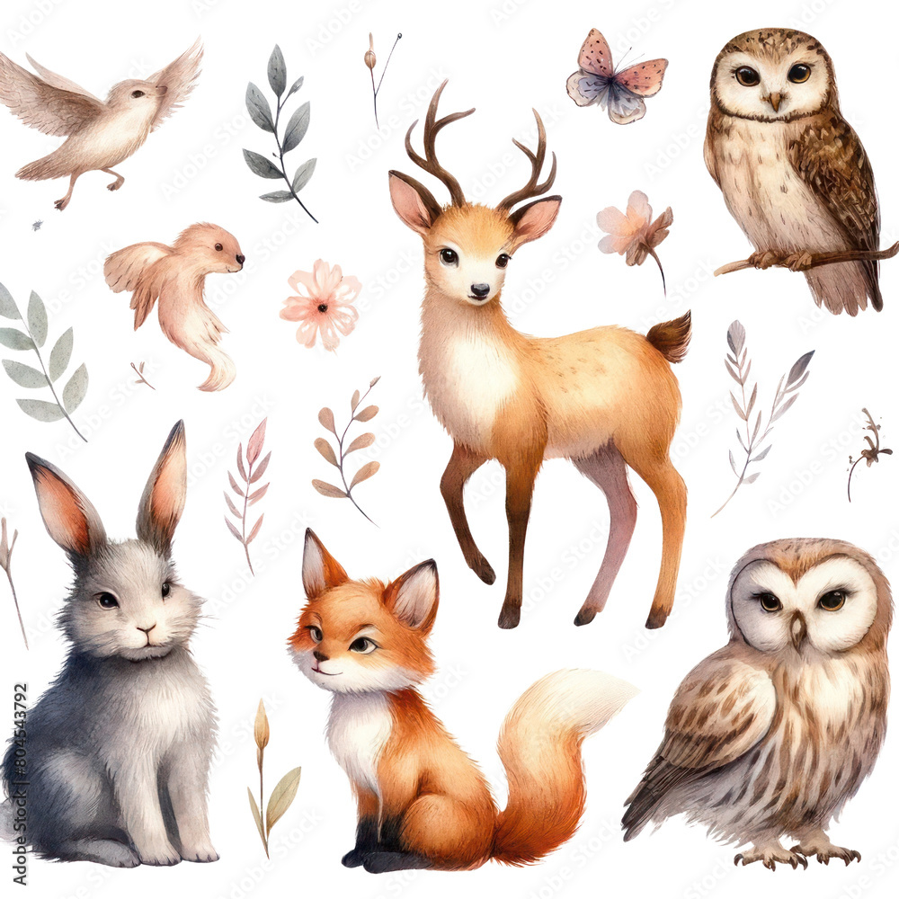 A watercolor painting of a deer, a rabbit, a fox, an owl, a bird, a butterfly, and some flowers. A watercolor painting of a deer, a rabbit, a fox, an owl, a bird, a butterfly, and some flowers.