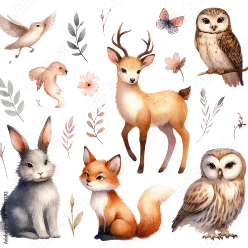 A watercolor painting of a deer, a rabbit, a fox, an owl, a bird, a butterfly, and some flowers.