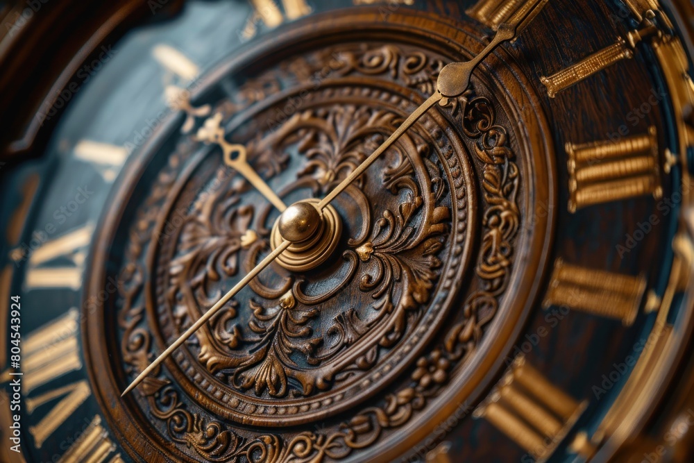A clock with Roman numerals and a gold face