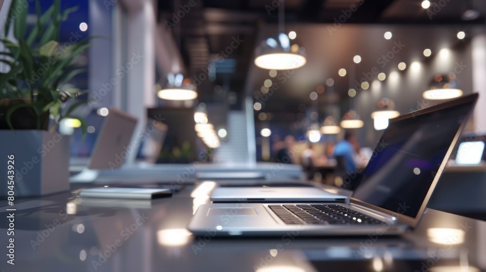 Close- up inside interior Laptop showroom for sale and peoples, Realistic, realistic lighting, rule of thirds